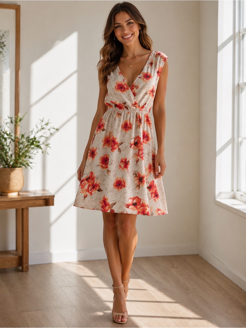 Forever 21 Beige Mini Dress with Orange and Brown Floral Print
